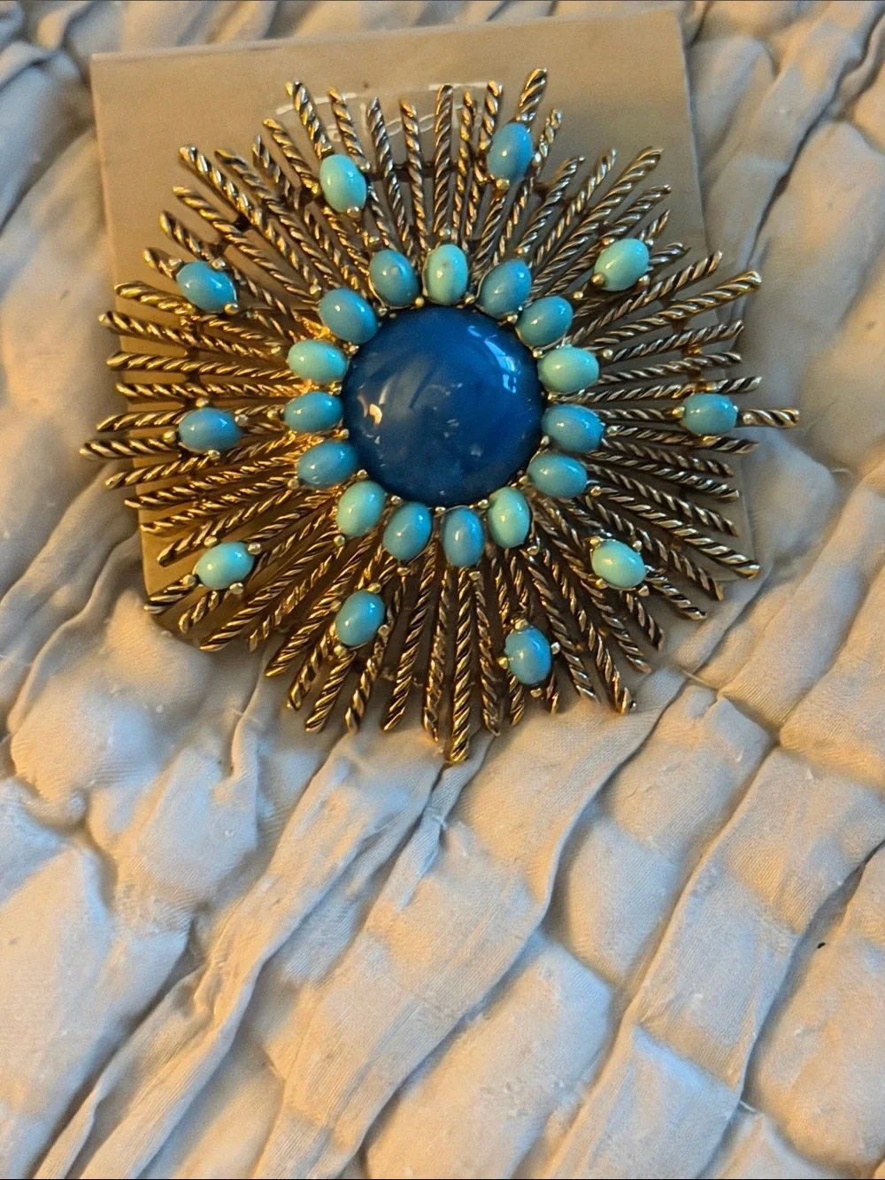 Large sunburst brooch lapis crystal and turquoise colored cabochon stones brooch